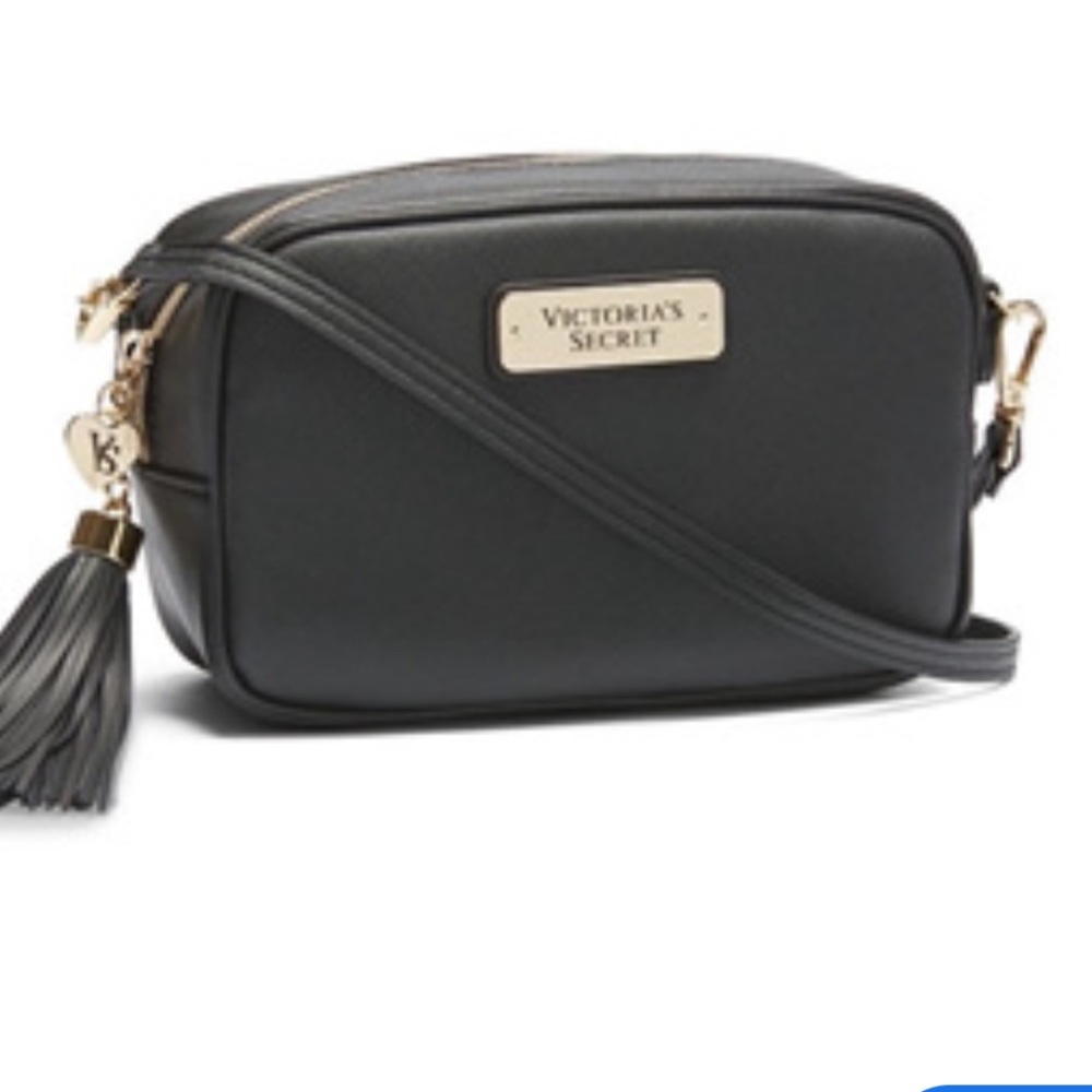 EUC small Victoria’s Secret Black Saffiano Leather Cross Body Handbag